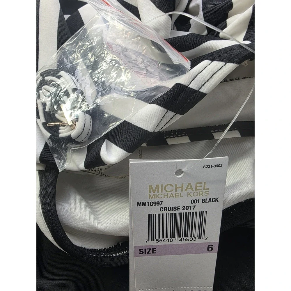 Michael Kors One Piece Swimsuit Cut Out Black‎ White Stripe Zip Size 6 NWT